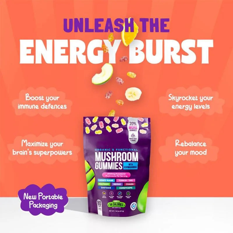 MUSHROOM & ASHWAGANDHA GUMMIES – Vitalité, sérénité & glow intérieur (80 pièces)