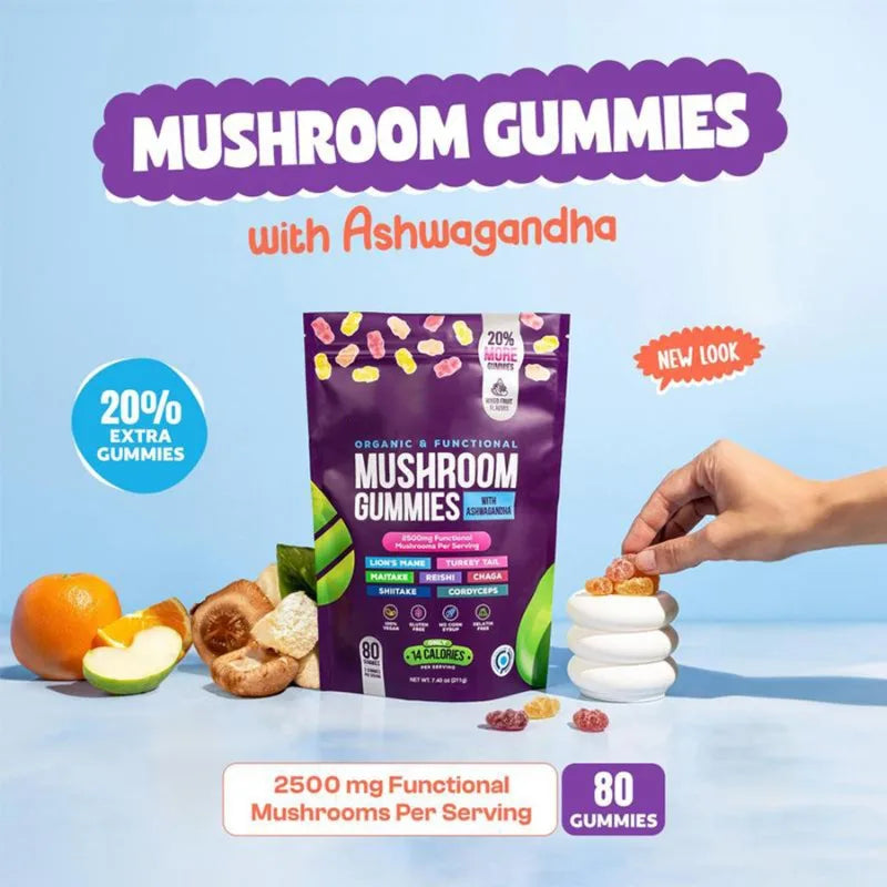 MUSHROOM & ASHWAGANDHA GUMMIES – Vitalité, sérénité & glow intérieur (80 pièces)